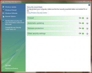 A caption of Windows Security Center on Windows Vista. To keep your PC secure, make sure the bars are green at all times. There is a similar feature in Windows XP.