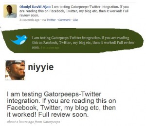 A test post from Gatorpeeps.com successfully appeared on my Facebook profile & my personal blog via Twitter.