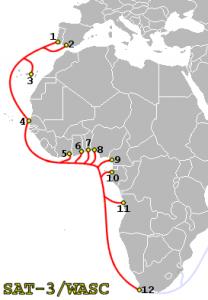 An image showing the SAT-3/WASC (cable system) route. Image courtesy of Wikipedia