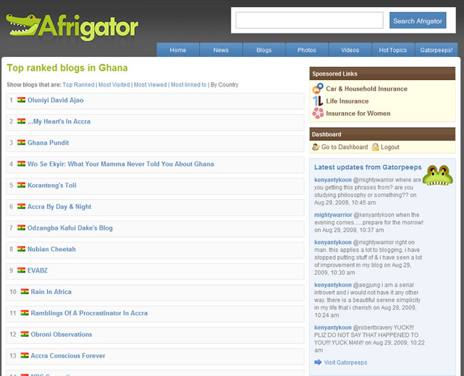 A snapshot of Afrigator page, ranking blogs in Ghana
