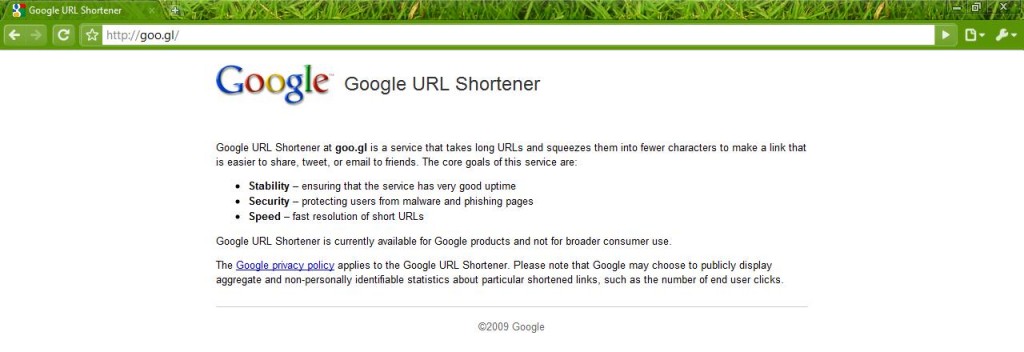 A snapshot of Google URL Shortener's homepage at http://goo.gl as taken on 15th December 2009