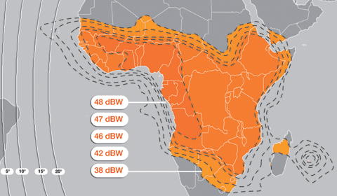 Sub-Sahara African beam, covering much of West Africa, Central Africa, East Africa, and parts of Southern Africa. Image courtesy of Eutelsat.com