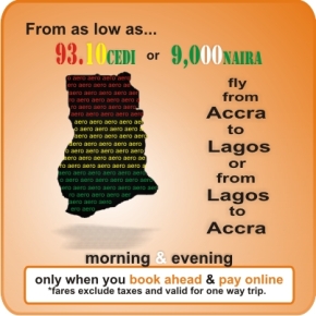 An advertisement banner on flyaero.com showing one of their fares and placing emphasis online booking & payment.