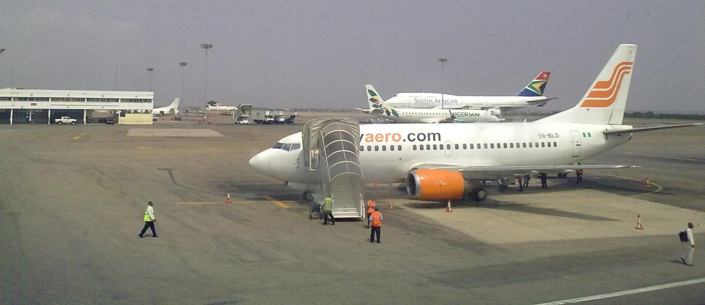 An Aero Boeing 737-400 jet on the tarmac with other airplanes in Kotoka International Airport, Accra. Photo by Oluniyi D. Ajao.