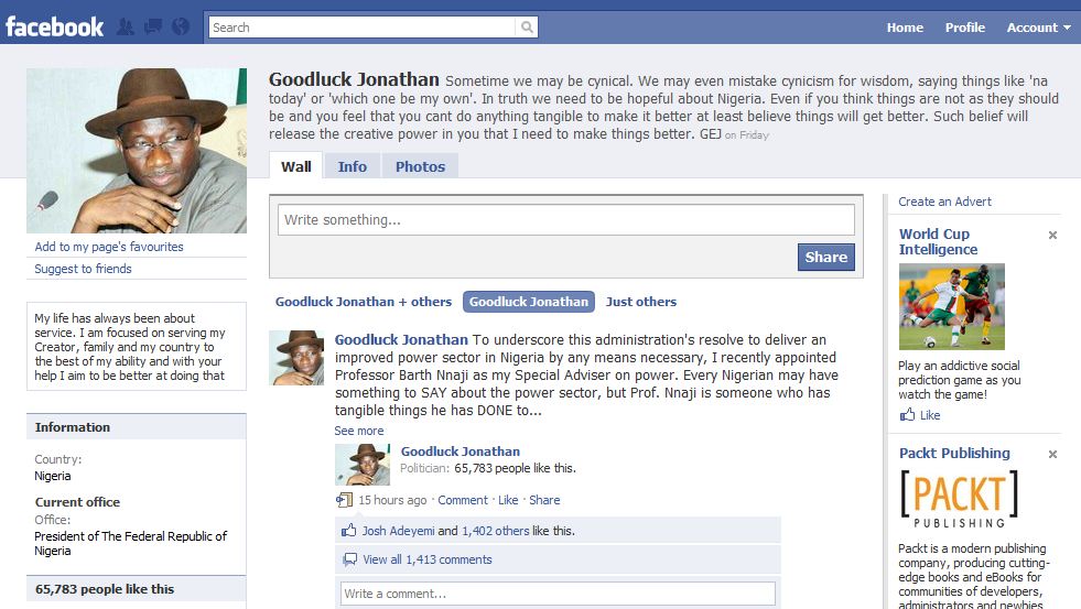 A snapshot of President Goodluck Jonathan's page on Facebook