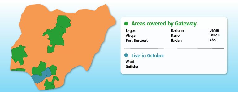 A coverage map, showing the service availability of Gateway Business in Nigeria