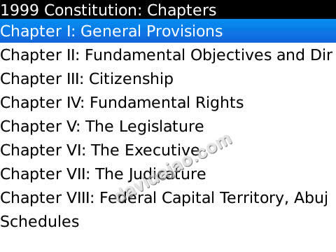 A snapshot of The Nigerian Constitution BlackBerry app