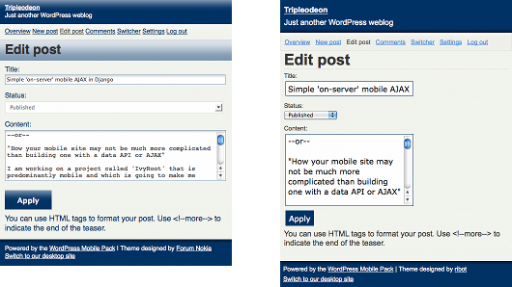 Editing a post in the mobile admin dashboard, shown in both Nokia/WebKit and default themes.
