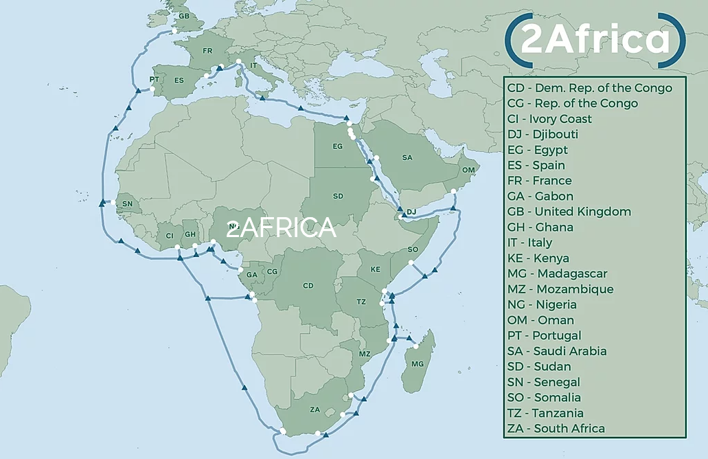 The 23 countries to be covered by 2Africa subsea cable project