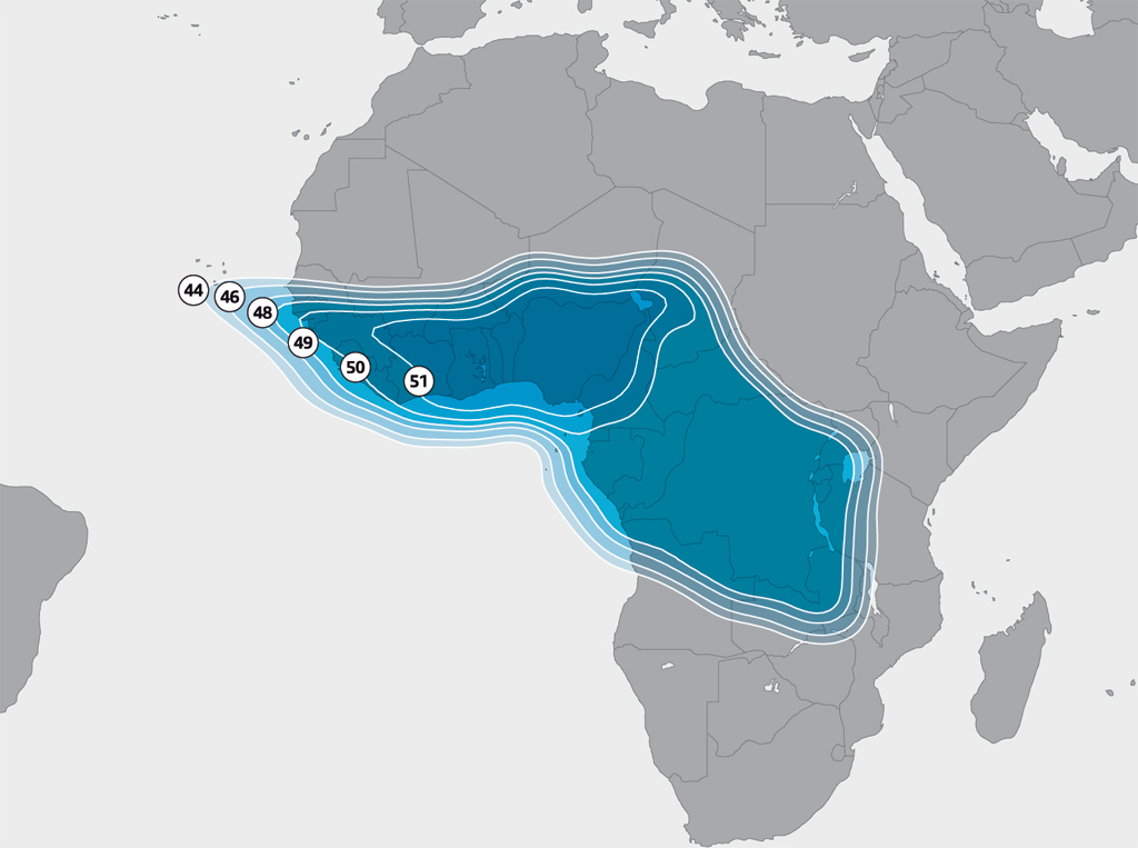 Multi TV broadcasts from a satellite whose beam pans from Senegal to parts of Mozambique and Zimbabwe.