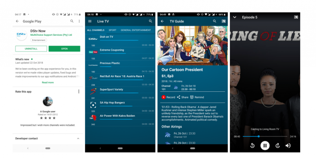 Screenshots of DStv Now as taken on an Android smartphone.