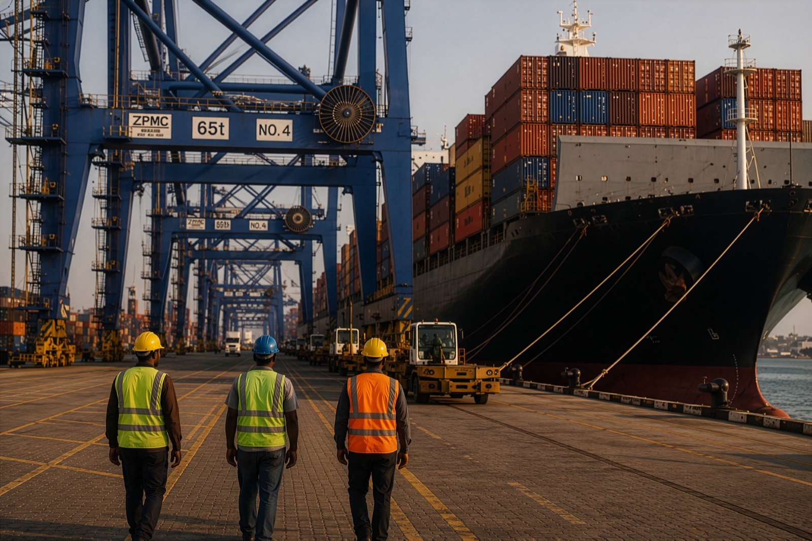 Three port workers in safety vests view a container ship and cranes at an African port