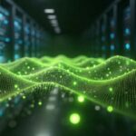 Rows of server racks in a data centre aisle, with a glowing green wave graphic across the foreground.