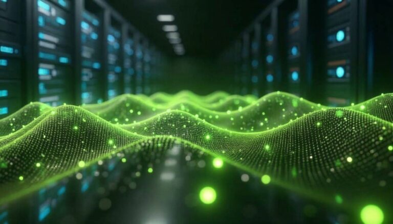 Rows of server racks in a data centre aisle, with a glowing green wave graphic across the foreground.