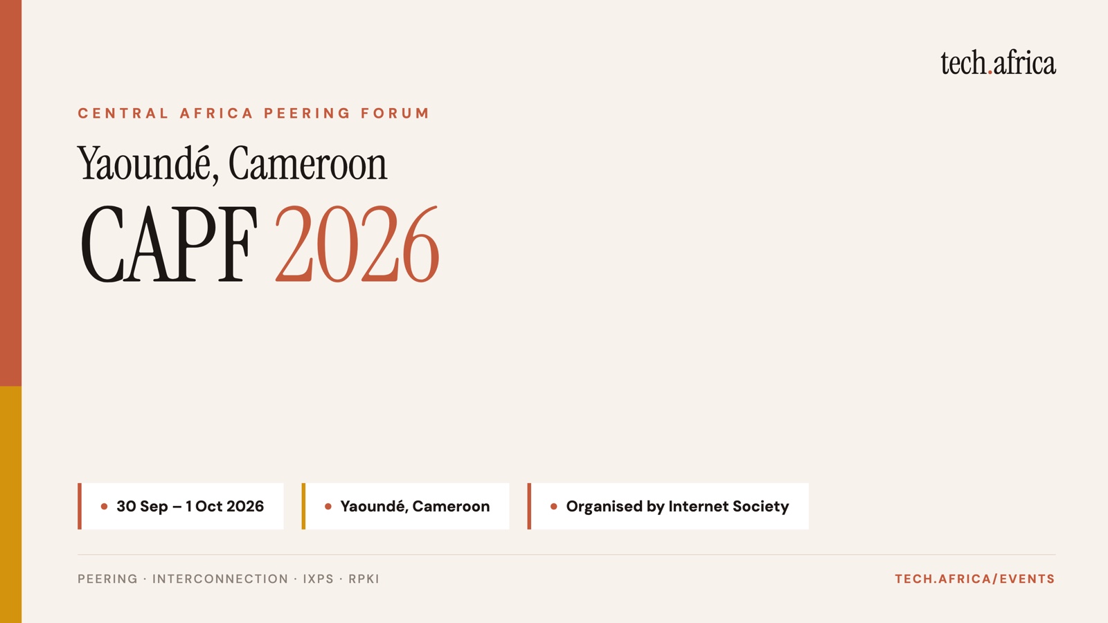 Central Africa Peering Forum 2026 event card: Yaounde, Cameroon, 30 September to 1 October 2026