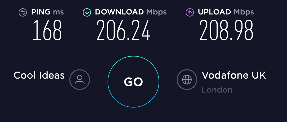 Speed test from Cool Ideas to a Vodafone UK server in London