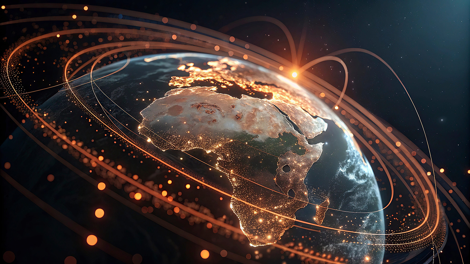 An illustration of a globe centred on Africa wrapped in glowing data-network orbits.