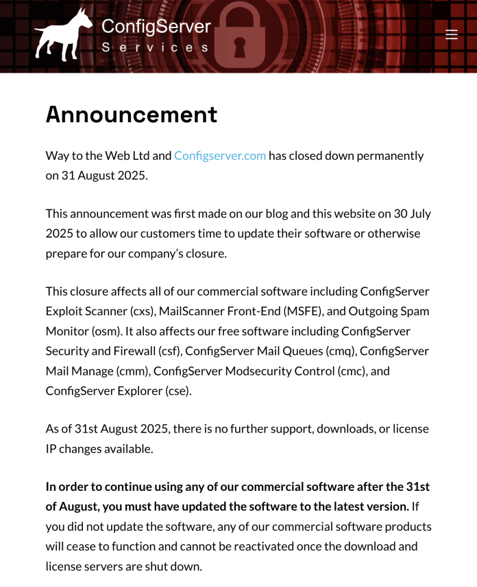 ConfigServer has shutdown at short notice, leaving server admins high and dry ConfigServer has shutdown at short notice, leaving server admins high and dry
