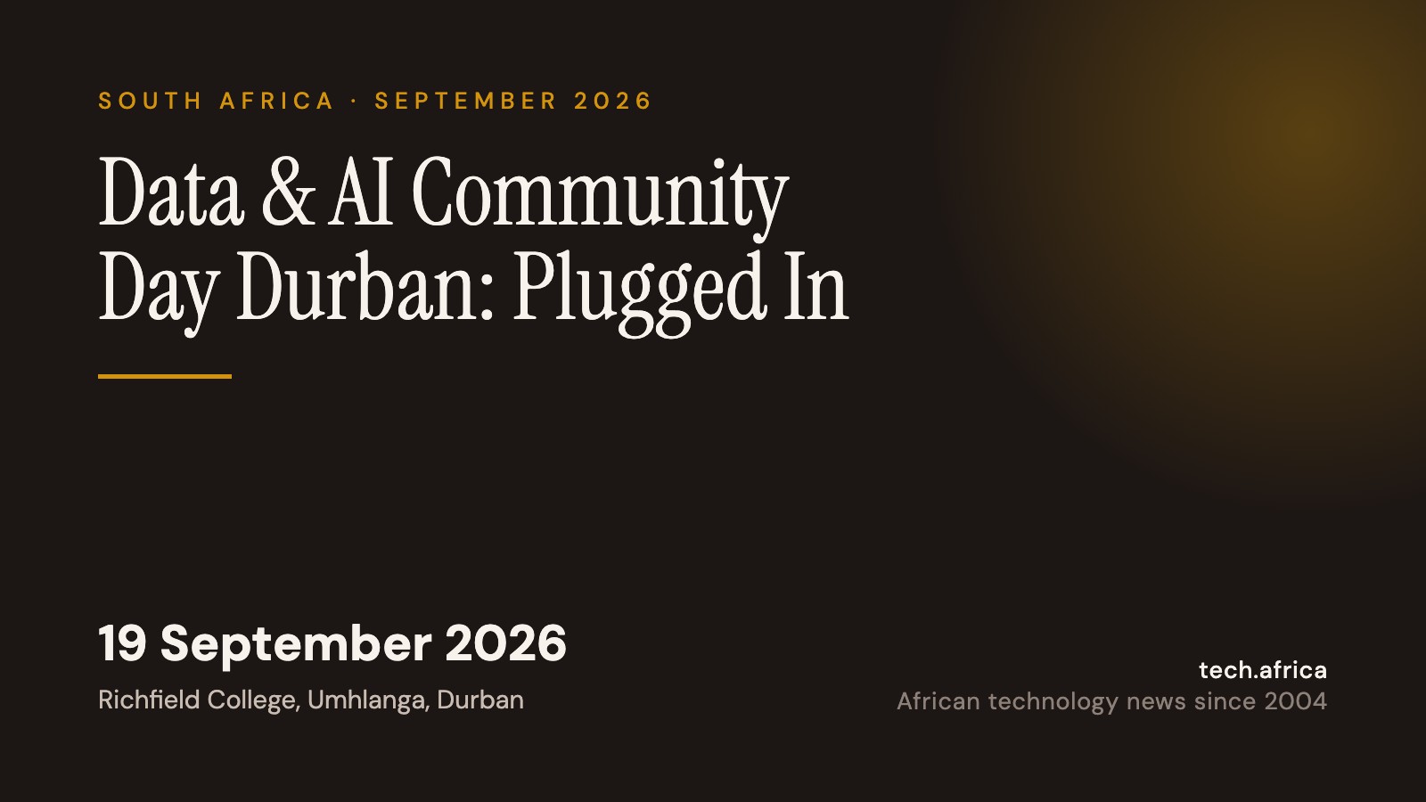 Event card: Data & AI Community Day Durban: Plugged In, 19 September 2026, Richfield College, Umhlanga, Durban