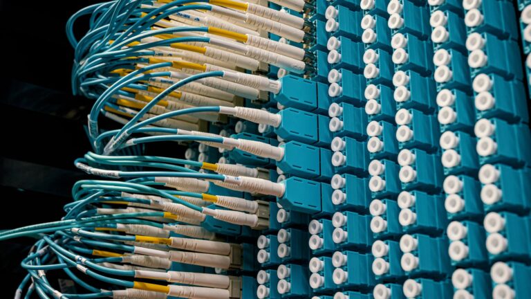 Fibre-optic patch cables connected to a network patch panel