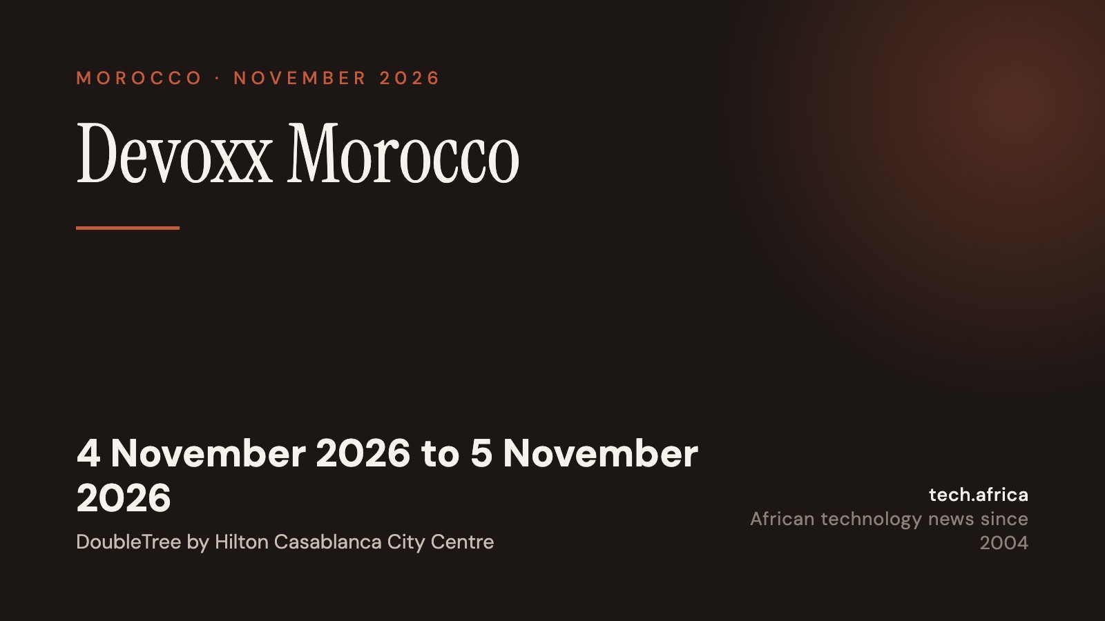 Event card: Devoxx Morocco, 4 November 2026 to 5 November 2026, DoubleTree by Hilton Casablanca City Centre