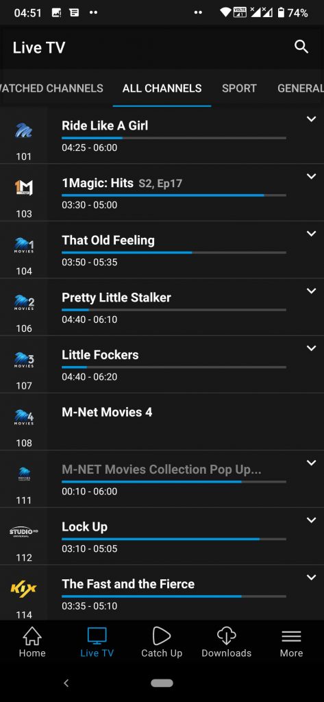A screenshot of DStv Streaming Live TV menu