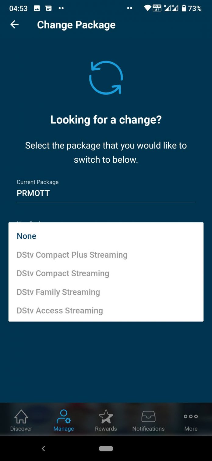 DStv Streaming packages as shown in the DStv app