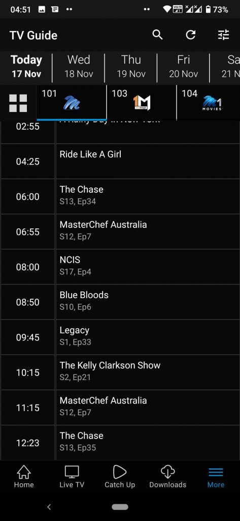 A screenshot of DStv Streaming schedule