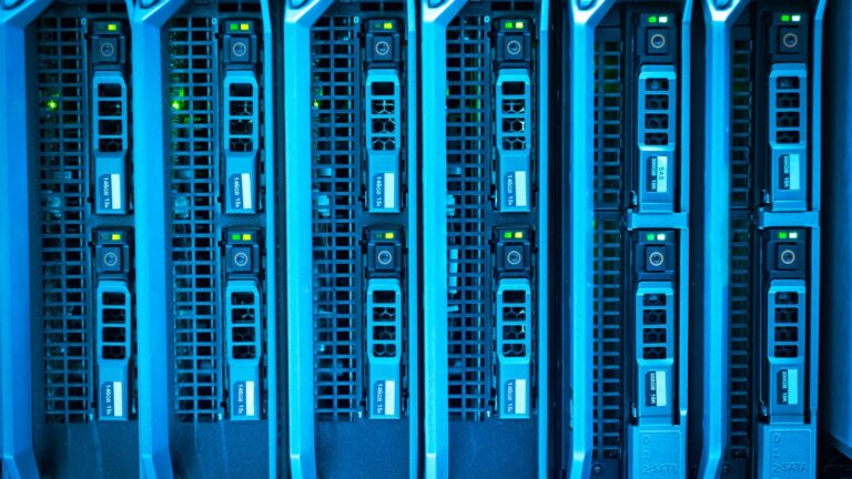 Rows of server racks inside a data centre