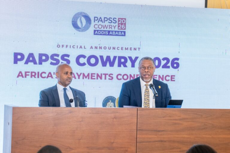 Eyob Tekalign, Governor of the National Bank of Ethiopia, and Mike Ogbalu III, CEO of PAPSS, at a press conference in Addis Ababa announcing PAPSS COWRY 2026