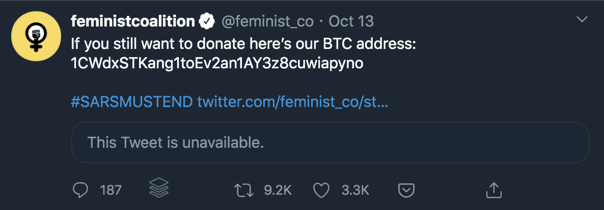 A screenshot of a tweet from The Feminist Coalition (Nigeria) regarding BTC.