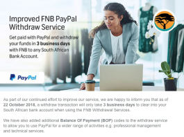 FNB reduces PayPal withdrawal days