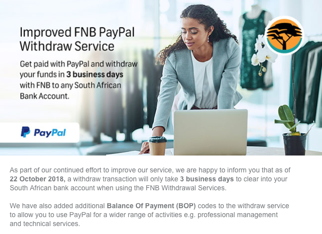 FNB reduces PayPal withdrawal days