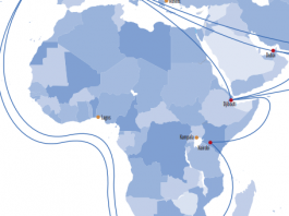A snapshot of Hurricane Electric's Network Map showing only their African footprint