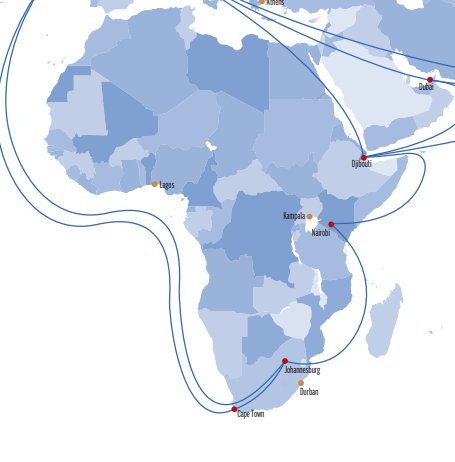 A snapshot of Hurricane Electric's Network Map showing only their African footprint