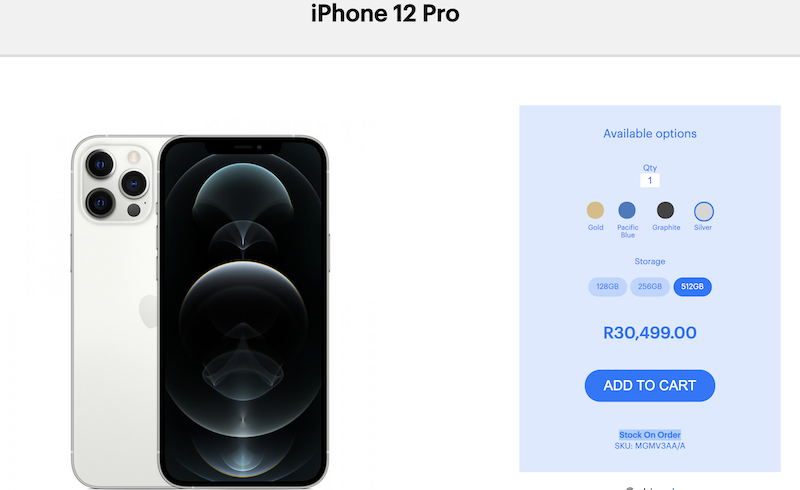 A screenshot that was taken on 26 December 2020 showing the iPhone 12 Pro availability status on Digicape's website