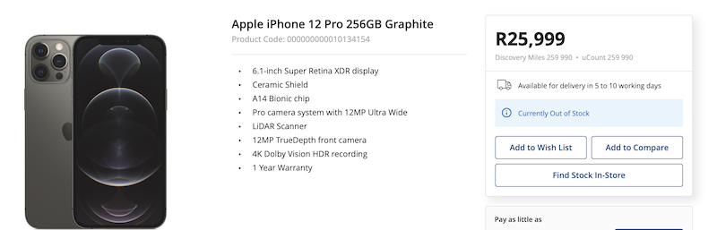 A screenshot from Incredible Connection's website on 26 December 2020, shows the iPhone 12 Pro 256GB as being out of stock.