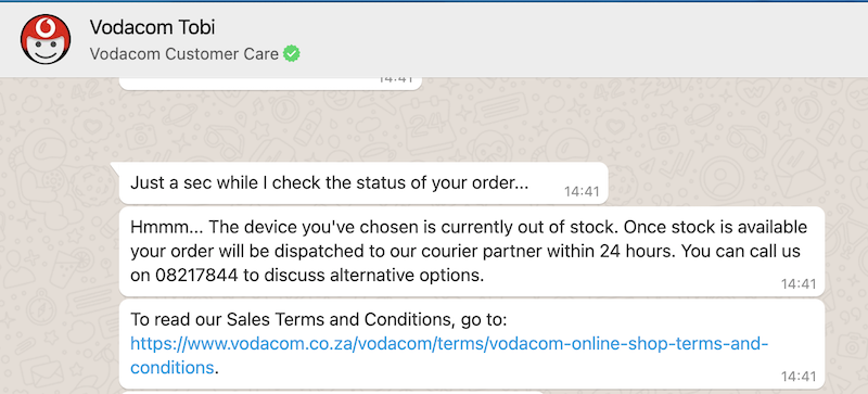 A screenshot showing tracking of a pending iPhone 12 Pro Max order on vodacom