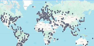 A world map showing a global footprint of IXPs by Teleography