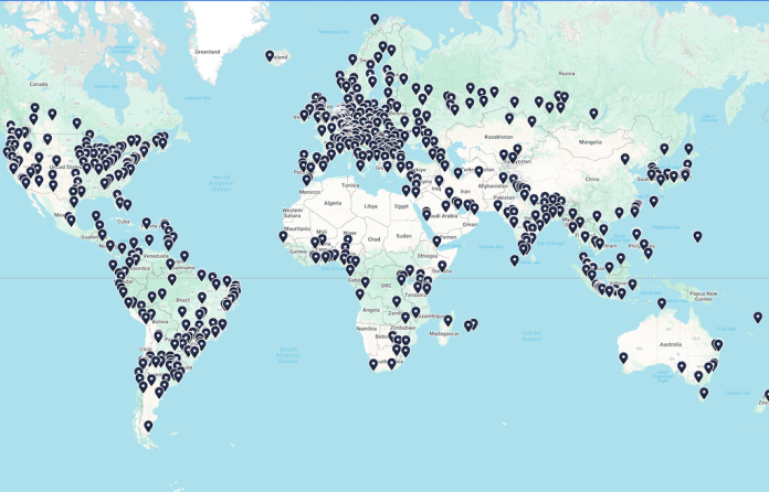 A world map showing a global footprint of IXPs by Teleography