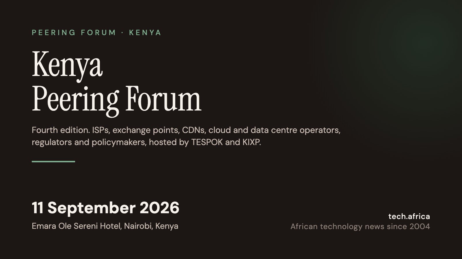 Kenya Peering Forum returns to Nairobi on 11 September 1 Event card: Kenya Peering Forum, 11 September 2026, Emara Ole Sereni Hotel, Nairobi