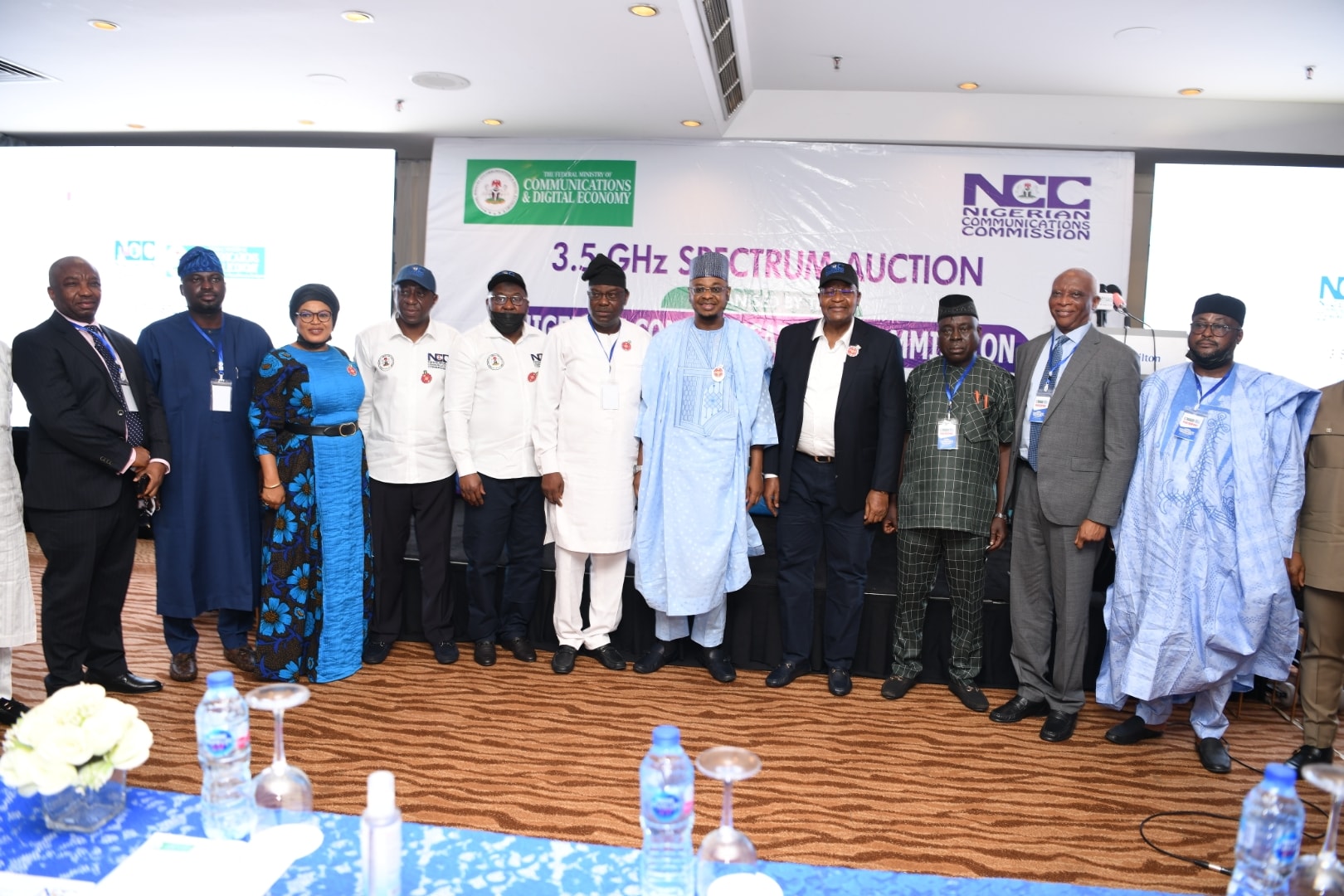 (L-R): Dr. Abimbola Alale, Managing Director, Nigerian Communications Satellite; Adeleke Adewolu, Executive Commissioner, Stakeholder Management, NCC; Ubale Maska, Executive Commissioner, Technical Services, NCC; Prof. Adeolu Akande, Chairman, Board of Commissioners, NCC; Dr. Isa Ali Pantami, Honourable Minister of Communications and Digital Economy; Prof. Umar Garba Danbatta, Executive Vice Chairman, NCC; Prof. Millionaire Abowei, Commissioner, NCC; Clement Baiye, Commissioner, NCC; Prof. Mohammed Ajiya, President, Digital Bridge Institute.