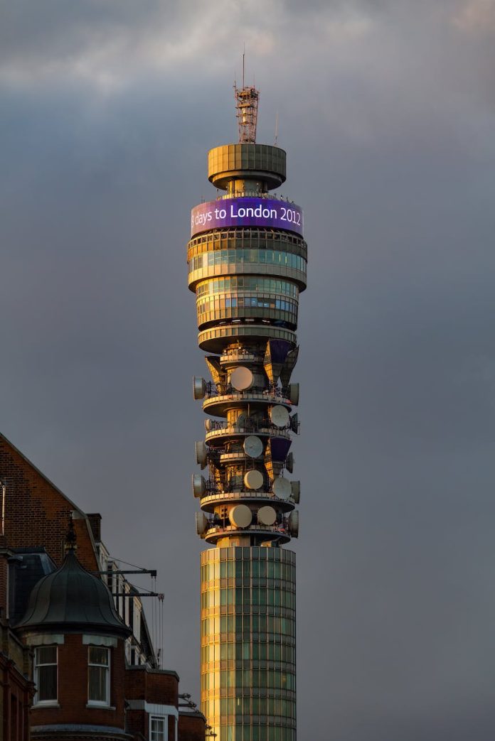view of bt tower in london against cloudy sky