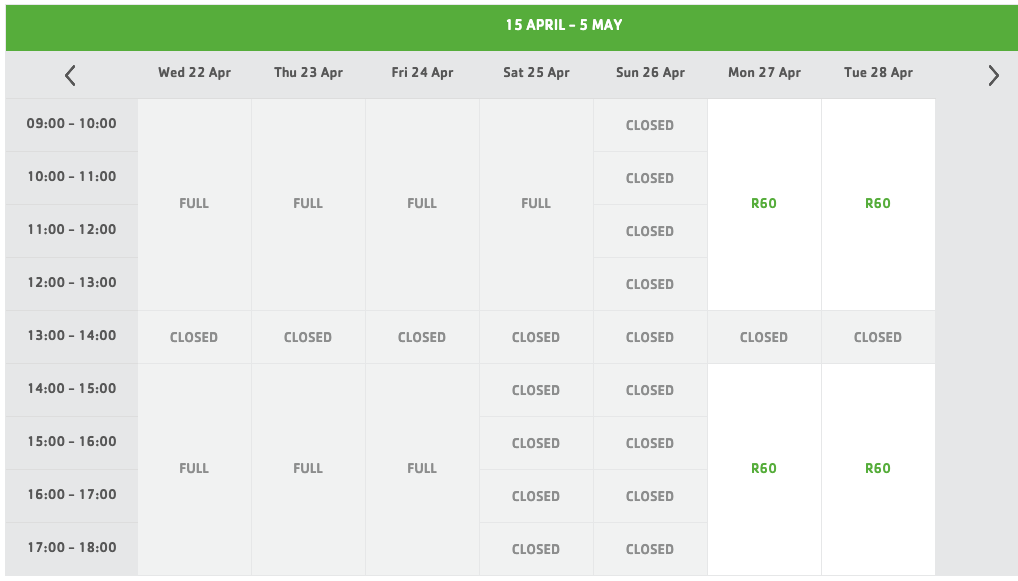 A screenshot of Pick n Pay's delivery slot booking schedule