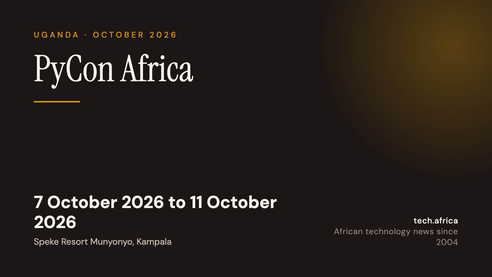 Event card: PyCon Africa, 7 October 2026 to 11 October 2026, Speke Resort Munyonyo, Kampala