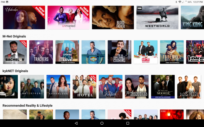 A screenshot of Showmax app revealing a cross-section of TV shows and movies