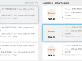 A screenshot of travelstart bus service showing results for Johannesburg - Gaborone - Johannesburg