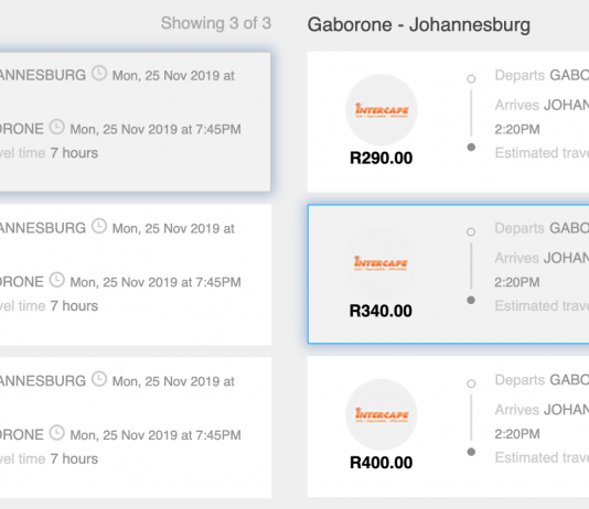 A screenshot of travelstart bus service showing results for Johannesburg - Gaborone - Johannesburg