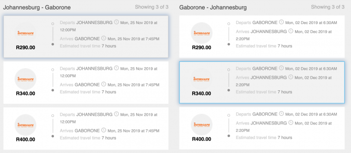 A screenshot of travelstart bus service showing results for Johannesburg - Gaborone - Johannesburg