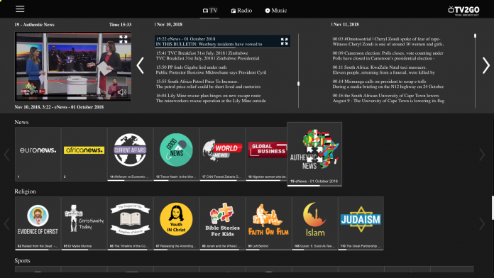 A screenshot of TV2GO streaming service as taken on 10 Nov 2018